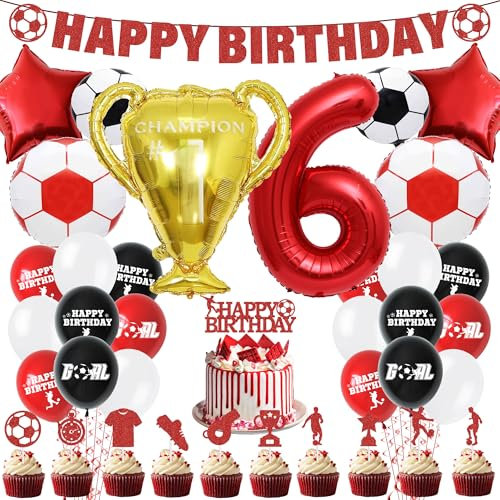 Football 6th Birthday Party Decorations - Soccer Cake Topper Balloons Happy Birthday Banner Party Supplies for Boys, Red Sports Theme Decoration for 6-Year-Old Kids and Fans