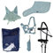 RL24 - Hobby Horse Zubehör Set (6-teilig) – Halfter mit Strick, Decke & Fliegenhaube in Hellgrün – Trense in Schwarz – mehrfarbiger Transportbeutel für Stockpferde – Steckenpferd Zubehör