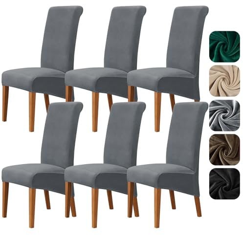 Alishomtll Samt Stuhlhussen XL 6er Set Universal Stretch Stuhlbezug für Schwingstühle Große Esszimmerstühle Bezug Waschbar Abnehmbar Stühle Schutz für Küche Bankett Hochzeit Party (Grau, 6 Stück)