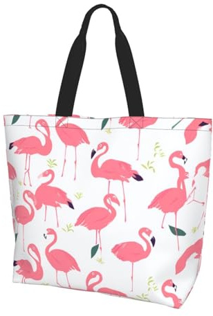 KCGSDEGV Wiederverwendbare Einkaufstasche mit Cartoon-Flamingo-Muster, wasserabweisend, Schultertasche für Schule, Reisen, Strand, Arbeit, Schwarz , Einheitsgröße