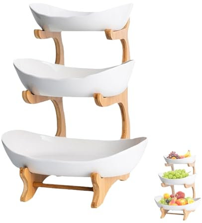 ESTTO Obstkuchenständer, mehrschichtiger Obstständer, Küchenaufbewahrungskorb, Arbeitsplatte dekorative Schale, dreilagige Obstschale, Obstkorb, Küche dekorativer Ständer mit Holzständer (Weiß)