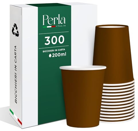 Perla - 300 Bicchieri in Carta da 200ml Ecologici Biodegradabili Monouso - Adatto per Bevande Fredde e Calde - Prodotto e confezionato in Italia - Made in Italy (Avana)