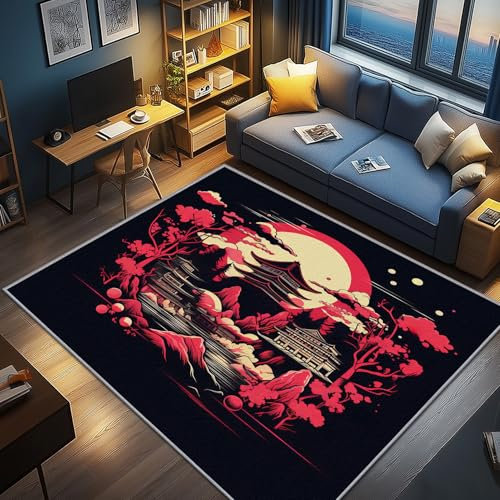 AevuCub Japanischer Stil Deko, Japanische Anime Teppich 80x150 Kurzflor, Kleiner Teppich Wohnzimmer Japanese Tempel, Weich rutschfest Waschbare Teppiche, Bettvorleger Schlafzimmer Kinderzimmer