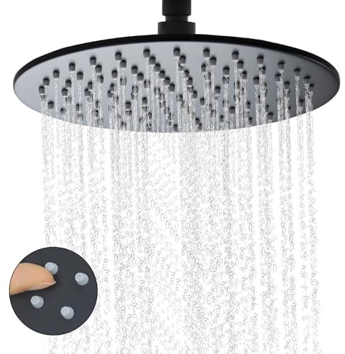 Delnet 10 inch(25.4CM) Round Fixed Rain Shower Head, Powerful & High Pressure, with Angle Adjustment, 304 Stainless Steel Replacement Rainfall Shower Head, Matte Black