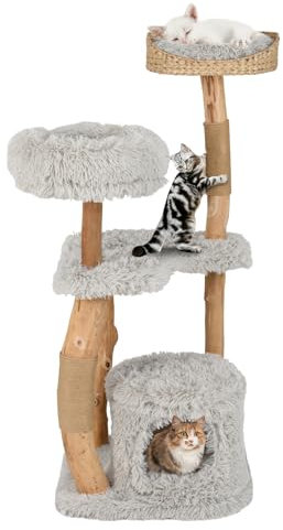 GOPLUS Arbre a Chat à 5 Niveaux en Bois Massif avec Plateforme, 48 x 48 x 124 CM, Arbre à Chat avec Perchoir, Condo, 2 Griffoirs en Jute, Idéal pour Se Reposer, Jouer et Aiguiser, Gris