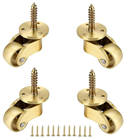 4er-Set mit Schraubrollen aus massivem poliertem Messing, kleine Mini-Möbelrollen in Vintage-Gold, 360°-Schwenkräder, Tragkraft 150 kg, zum Reparieren, Ersetzen oder Aufrüsten von Tisch-, Kl