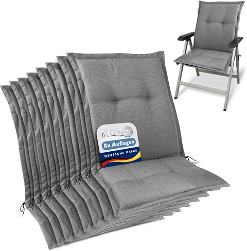 Beautissu 8er Set Premium Gartenstuhlauflage Niedriglehner Sitzkissen Stoff | 105x50x7cm Hellgrau Polster Auflage Niederlehner Gartenstuhl robuster UV-Lichtechtheit Auflagen Gartenpolster HighLux NL