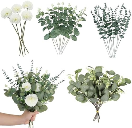 RPHONGHONG 30 Stück Künstliche Eukalyptus und Kunstblumen, Künstliche Zweige Eukalyptus DekoDekozweige Kunstblumen Hortensien Blumen für Hochzeit Tafelaufsatz Blumengesteck Home Dekoration