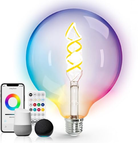 LED Universum Smart Home Spiral-Filament Leuchtmittel Glühlampe E27 G125 Glas klar 4,9W RGBW 2700K 470lm mit Fernbedienung oder App steuerbar, BT-Mesh, Ø125xH168mm
