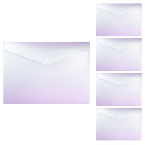 Idena Dokumententaschen A4, 5 Stück, Weiß-Lila | Sortiermappen aus Kunststoff mit Knopf, ca. 33 x 23,5 cm, 90383