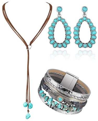Boho Schmuck Set für Damen Bohemisches Türkis Schmuckset Boho Türkis Ohrringe Halskette Armband Stapelbar Adjustierbar Vintage Damenkette Earrings Armbands für Cosplay Karneval Party Festival (C)
