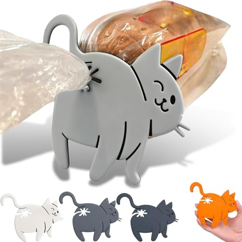 3Pcs Cat Butt Bread Bag Tie - 3D Printed Funny Novelty Food Bag Clips, Reusable Quirky Kitchen Gadget, Air-Tight Food Fresh Keeper, Cat Lovers Home Decor Gift (Gray)