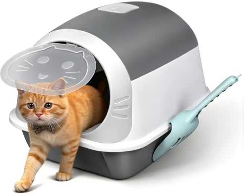 Pawchop Hooded Enclosed Cat Litter Tray with Scoop, Cat Toilet for Indoor | Anti-Spill,High-back,Anti-leak Design,Removable Swing Door,Easy-clean,Suitable for Kittens, Multi-cat Household,Grey&White