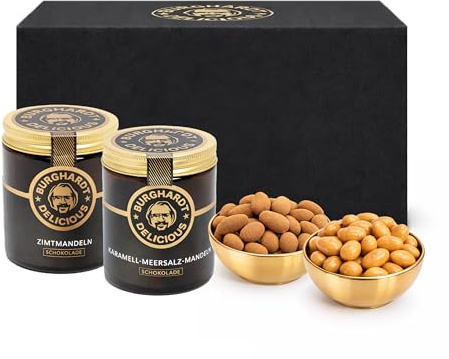 Burghardt Delicious® - Duo Box Nüsse Geschenkbox – Premium Nuss-Spezialitäten im Glas | Zimtmandeln & Karamell-Meersalz Mandeln | Edles Nuss Geschenkset für Genießer