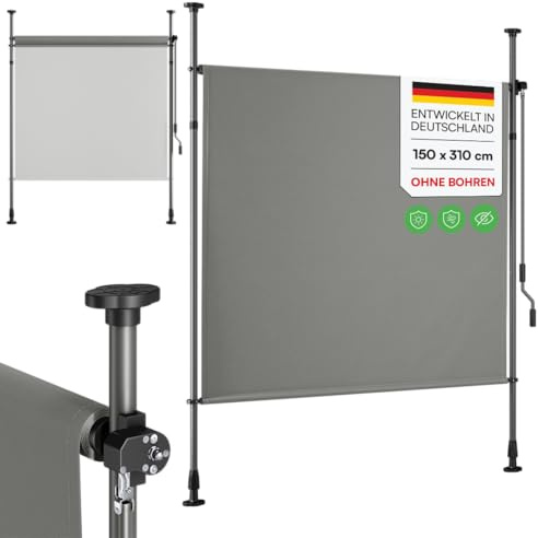 STEELSØN Serelia Senkrechtmarkise 150x310 cm – Vertikalmarkise außen in Grau – Sichtschutz Balkon wetterfest – Klemmmarkise als Sonnenschutz & Windschutz – Balkonmarkise ohne Bohren – Outdoor-Rollo
