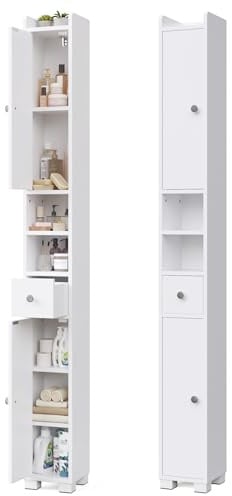 Mondeer Tall Slim Bathroom Cabinet for 20cm Width Small Spaces | Freestanding Narrow Storage Unit with Drawer, 5 Adjustable Shelves and 2 Open Compartments, 20x20x180cm, White