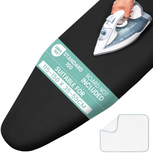 Ironing Board Covers Large 125x45/122x38cm, Thick Padding Heat Shield Black | Fits 115–130x35–50cm, OEKO‑TEX,100% Cotton 5‑6mm Thick Padding, Heat Reflective & Resist 205°C, Velcro & Drawstring, Black.