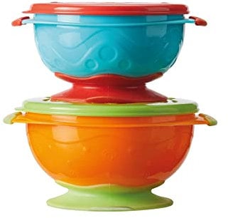 Nuby Stackable Suction Bowls – Air-Tight Seal Lid, Suction Base, Easy to Hold, Dishwasher Safe (Pack of 2)