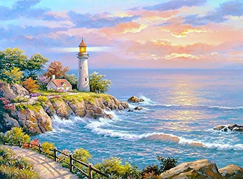 Wowdecor DIY Malen nach Zahlen Kits Geschenk für Erwachsene Kinder, Malen nach Zahlen Home Haus Dekor - Meer Wellen Leuchtturm Landschaft 40 x 50 cm ohne Rahmen