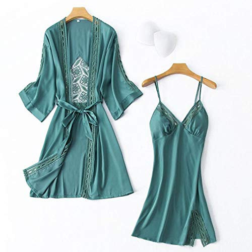 STJDM Camicia da Notte,2 Pezzi Set di Accappatoi per Giovane Signora Scava Fuori Set da Notte Kimono Accappatoio Abito da Notte in Pizzo Sexy Abito da Sera in Raso Vestaglia per la casa XL Lago Blu