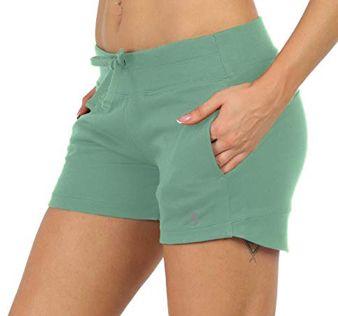 icyzone Damen Sweatshorts Kurze Hose Jogginghose Sport Laufen Shorts mit Taschen (M, Hellgrün)