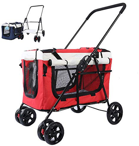 Buggy Für Hunde Und Katzen, 4 Rad Haustier Reisen Kinderwagen Hundewagen Hundebuggy,Transportwagen Pet Stroller Pet Travel Kinderwagen Klappbar Unterstützung 44 Pfund Tiere,Rot
