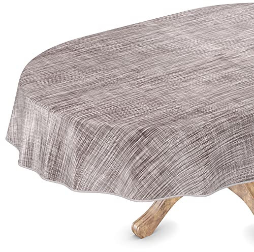 Tischdecke abwaschbar Wachstuch Wachstuchtischdecke Gartentischdecke Leinen-Optik Pflegeleicht Wasserabweisend 320 x 140 cm (Oval) Grau mit Saum