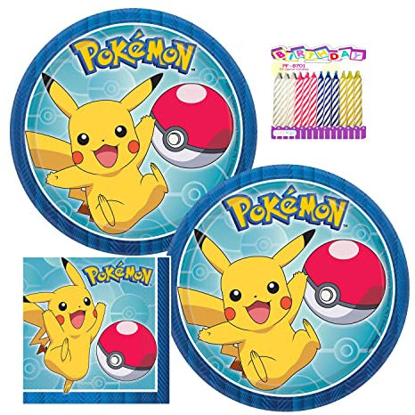 Amscan Pokémon Party Supplies Pack Serves 16: 7 Plates and Beverage Napkins with Birthday Candles (Bundle for16)