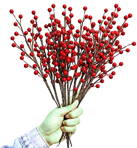 WsCrofts 12 steli di bacche rosse, 34,3 cm, impermeabili, rami di bacche artificiali bordeaux, per casa, vacanze, matrimoni, fai da te, decorazioni per albero di Natale