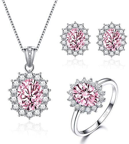 Cangall Silber Damen Schmuck Set, 925 Sterling Silber Halskette Ohrringe Ring Set, Silber Prinzessin Diana Schmuckset mit Rosa Zirkonia, Silber Luxus Hochzeit Schmuck Set, Geschenk zum Geburtstag