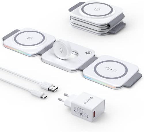 Mag-Safe charger,Hohosb 3 in 1 Wireless Charger Station,15W Max Compatible with iPhone 14/13/12/11/Pro/Pro Max/XS/X/SE/Samsung,Air-Pods Pro/2/3,iWatch 7/6/ SE/5/4/3/2-White(18W Adapter Included)