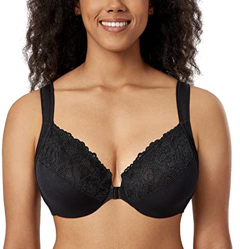 DELIMIRA Women's Front Fastening Bras Unlined Lace Plus Size Support Underwire Black 38F