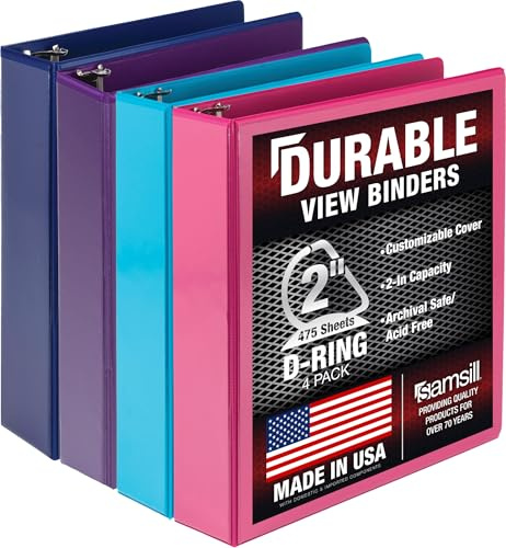 Samsill Durable 2 Inch Binder, Made in The USA, D Ring Binder, Customizable Clear View Binder, Fashion Assortment, 4 Pack, Each Holds 475 Pages