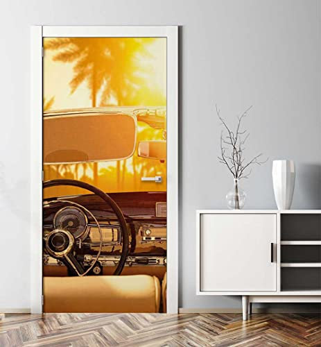 MyMaxxi - Tür bekleben mit Türtapete Türposter Türfolie Selbstklebend 90x200 Windschutzscheibe eines Oldtimer - Tür verschönern Türaufkleber Türklebefolie Auto Cabrio orange
