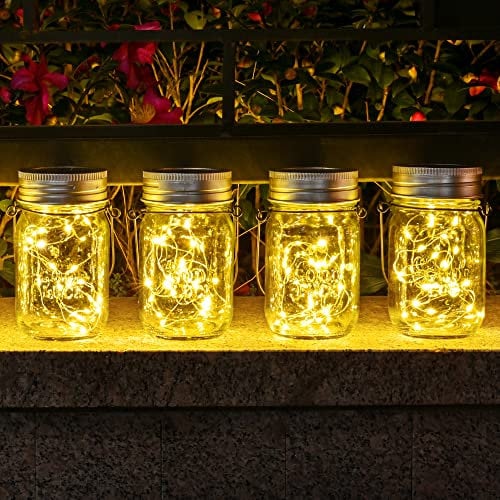 Solpex Solarlaterne für außen, Solarlampe, 4 Stück, Solarglas mit Lichtkette, 120 LED, Laterne hängend, Einmachglas, LED-Glas, IP44 Wasserdicht Gartenleuchte für Garten, Terrasse, Balkon, warmweiß