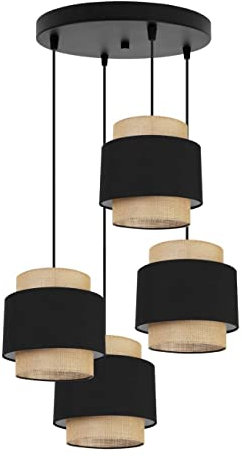 Light-Home Boho Hängelampe - Deckenlampe für Wohnzimmer Schlafzimmer und Esszimmer - Pendelleuchte aus Metall mit Lampenschirm aus Stoff - E27-4-Flammig Oval - Schwarz und Jute