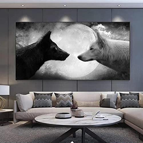 HTWLMM Affiches d'art Mural Noir Loup Blanc Loup Lune Impression sur Toile Tableau Peintures Decoration Chambre Salon Décor À La Maison sans Cadre (60X120CM)