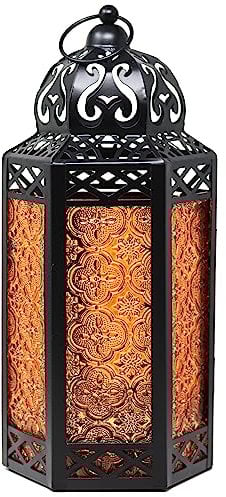 Black Metal Decorative Moroccan Lantern Candle Holder Lamp for Indoor or Outdoor Home Decor, Large, Amber