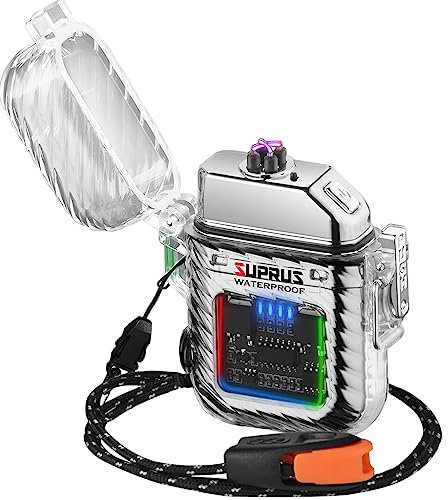 SUPRUS Leuchtfeuerzeug 3-Modi der Taschenlampe Winddichtes Wasserdichtes Feuerzeug Elektrische Feuerzeuge Wiederaufladbare Dual Arc Plasma Feuerzeug mit Überlebens Notfallpfeife und Lanyard