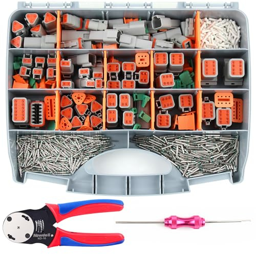 Newdeli Deustch-Steckverbinder-Set, 2, 3, 4, 6, 8, 12-polig, mit deutscher Crimpzange und DT-Stecker-Entfernungswerkzeug, Größe 16, solide Klemmenkontakte (14–20 AWG), 338-teilig