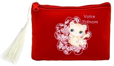 Porte Monnaie et cles Rouge Chat et Fleur de Cerisier Personnalisable
