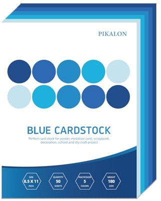 Pikalon 50 Blatt blauer Karton, 21,6 x 27,9 cm, 5 Farben, sortiert, farbig, 180 g/m², perfekt für Bastelarbeiten, Scrapbooking, Dekoration, Kartenhandwerk (blau)