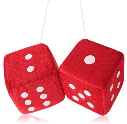 Plüschwürfel Auto, Würfel Rückspiegel Aufhängen, EIN Paar Rot Auto Deko Fuzzy-Würfel für Autospiegel, Würfel Weiche Innenraum Rückspiegel Anhänger Plüsch Würfel Auto Hängendes Ornament 2.75 Zoll Rot