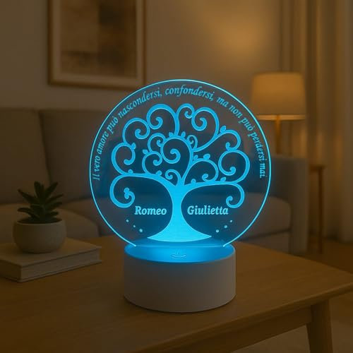 Generico Lampada in Plexiglass con Disegno Albero della Vita e frase d'Amore Personalizzato con Nomi Decor Night Light LED Luce Camera 7 Colori San Valentino Amore Innamorati