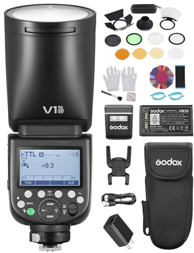 GODOX V1 PRO N Camera Flash with AK-R1 Accessories Kit 2.4G Wireless Camera Speedlight 1/8000s HSS, 1.3s Recycle Time, M/TTL Flash Mode, Sub Flash Speedlite Compatible with Nikon Cameras