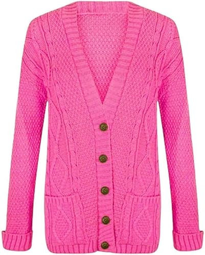 OutfitsbySMILE Women's Ladies Long Sleeve Button Top Chunky Aran Cable Knitted Grandad Cardigan Fuchsia UK Size 24/26