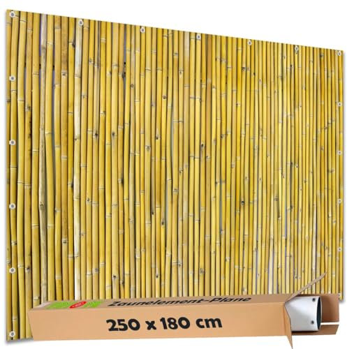 TRIOSK Sichtschutz Garten Deko Zaun Plane Blickdicht groß mit Zaunblende Motiv Bambus Stäbe Optik für Zaunelement Doppelstabmatten Stabmattenzaun Gartenzaun PVC 250x180 cm Beige