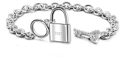 Dankadi Bracelet avec Pendentif Cadena et Clé en Argent 925 Sterling, Chaîne à Mailles Grosse pour Femme Large 6MM Charmes Cœur Clef OT Fermoir Brillant pour Amie Maman