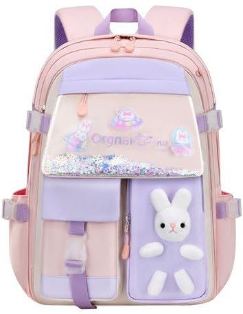 Rucksack für Mädchen, Treibsand Kühlschranktür Kinderrucksäcke mit Brustgurt, Kawaii Rucksack mit Hase, Kinder Schultasche mit Gepolsterte Schultergurte, Geschenk für Mädchen, 40 x 30 x 16 cm (Rosa)