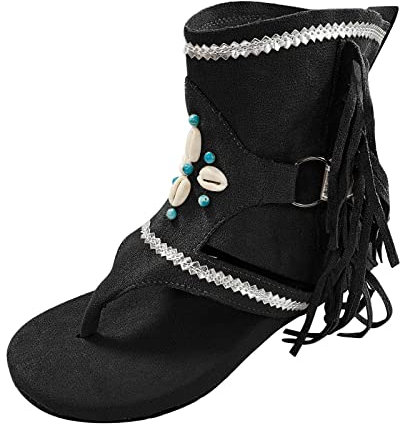 Scarpe estive leggere tessuto da donna | Stivali neri da donna piatti | Camoscio frange stivali da cowboy con frange classico stivali a mezza altezza con tacco a blocco vintage a punta stivali in